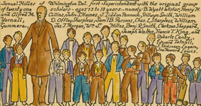Detail from an 1833 map of campus showing Samuel Hilles and early students